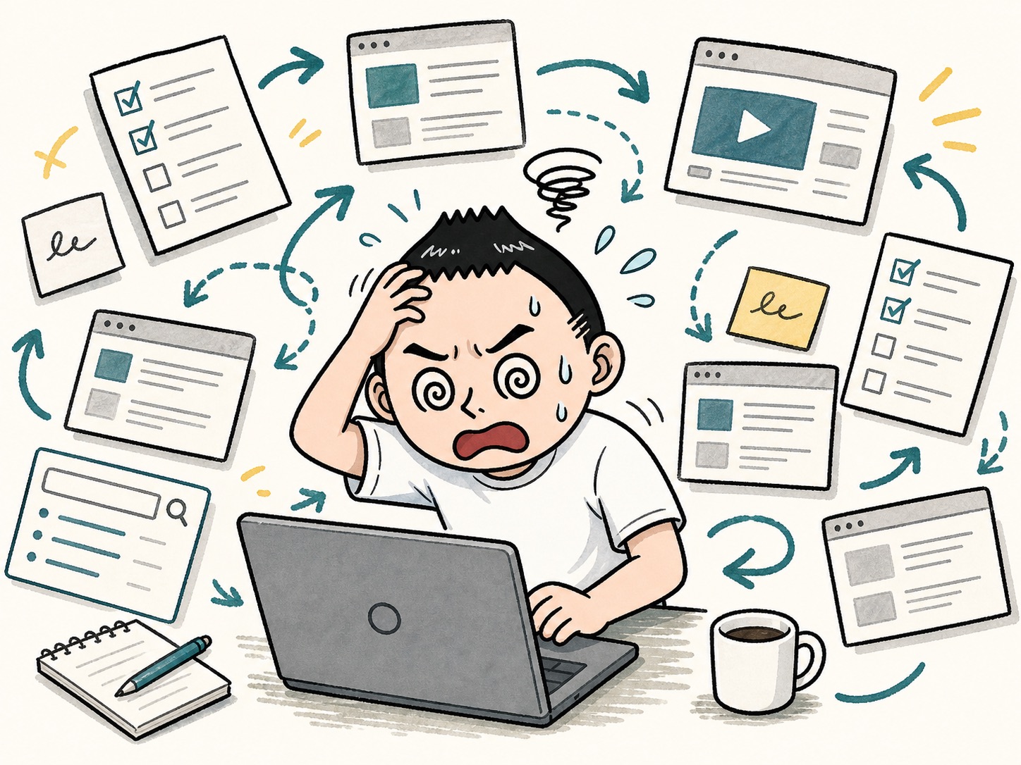 正解探しで情報に囲まれて止まっている様子