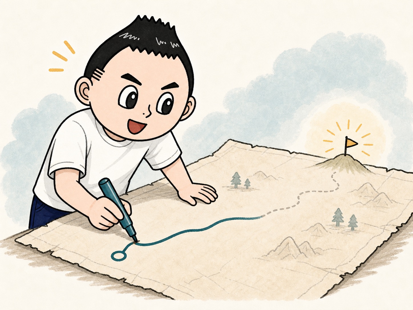 白紙の地図に最初の線を引いている様子
