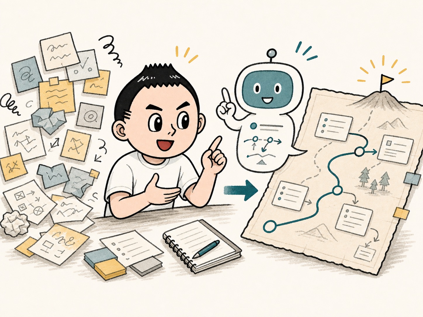 AIと一緒に地図の下書きを整理している様子