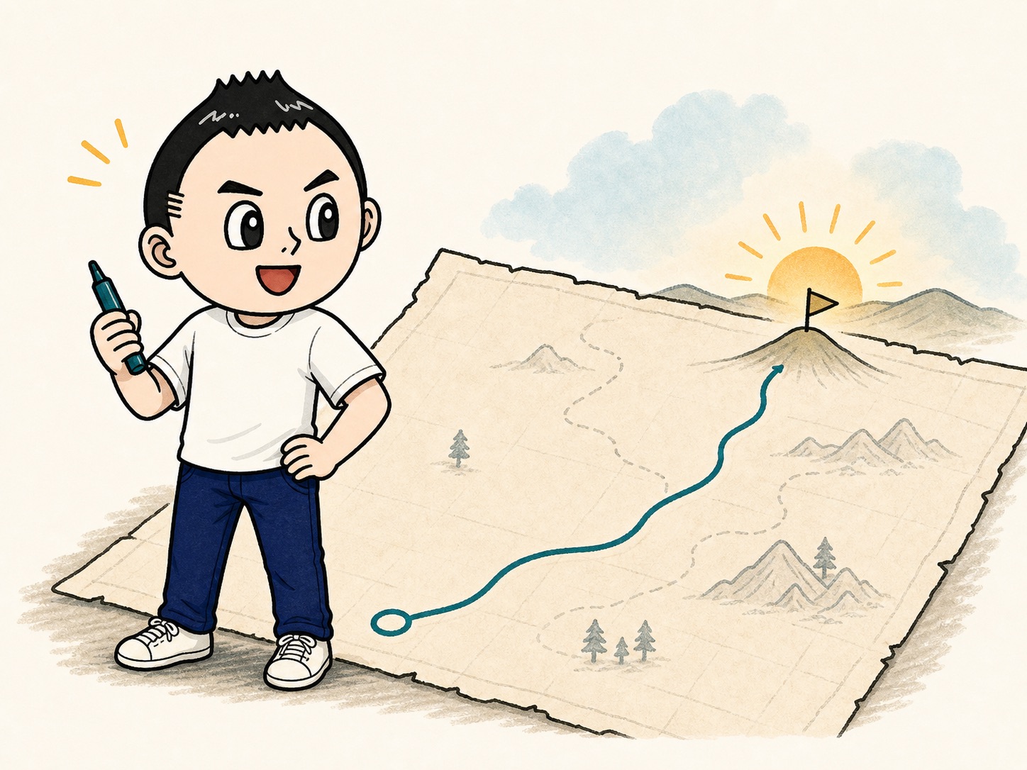 白紙の地図に最初の線が引かれて前を向いている様子