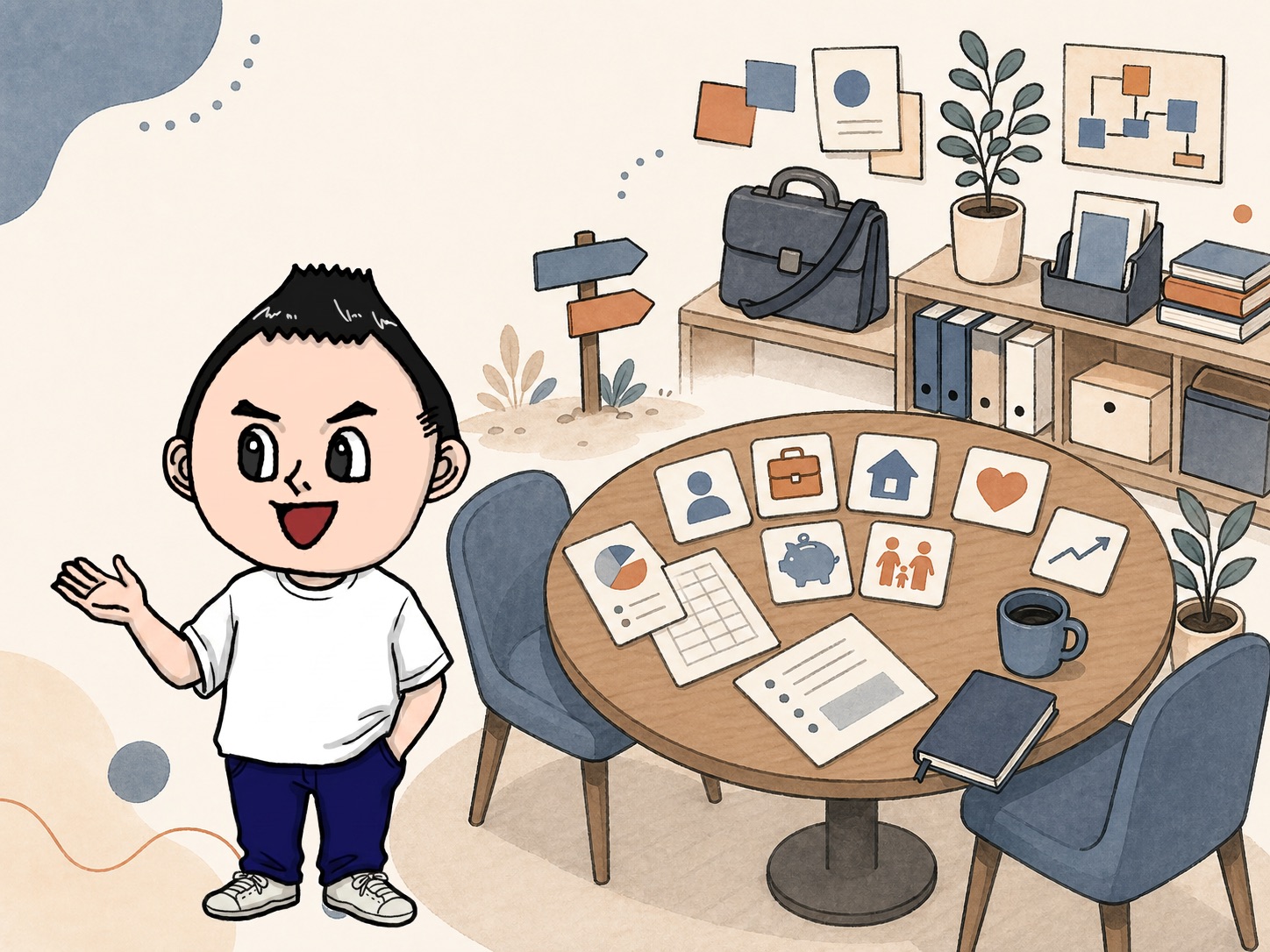 相談者の話を聞きながら人生と仕事を整理するイラスト