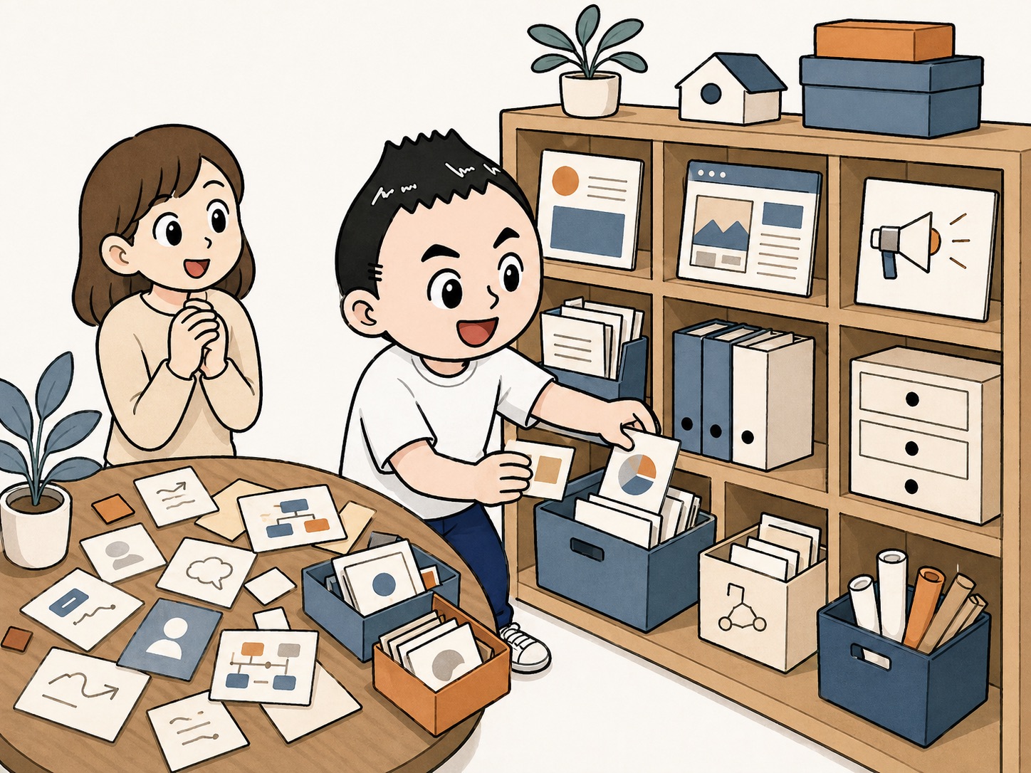事業の片付けとしてカードや棚を整理するイラスト