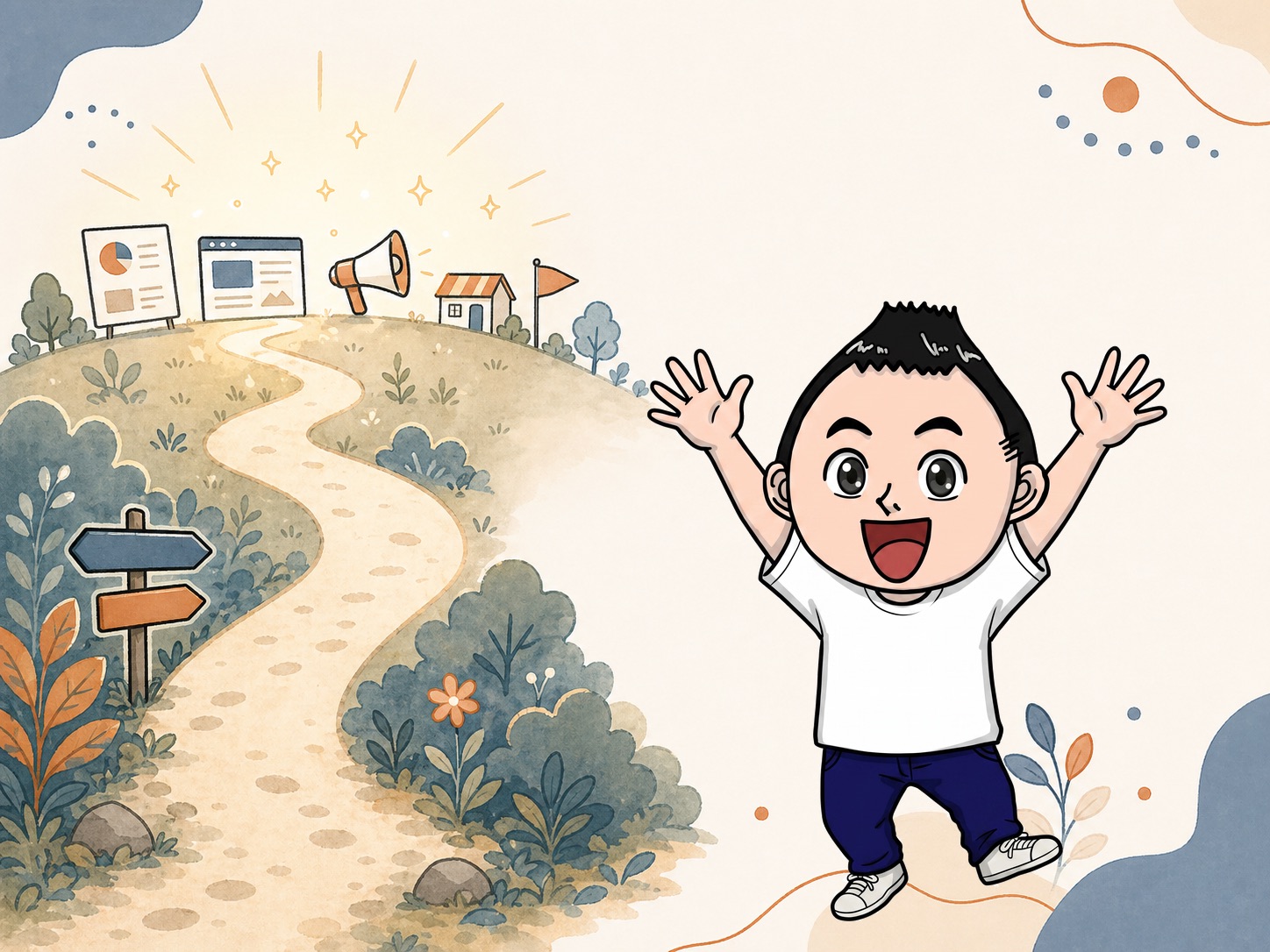 読者が小さな一歩を踏み出す背中押しのイラスト