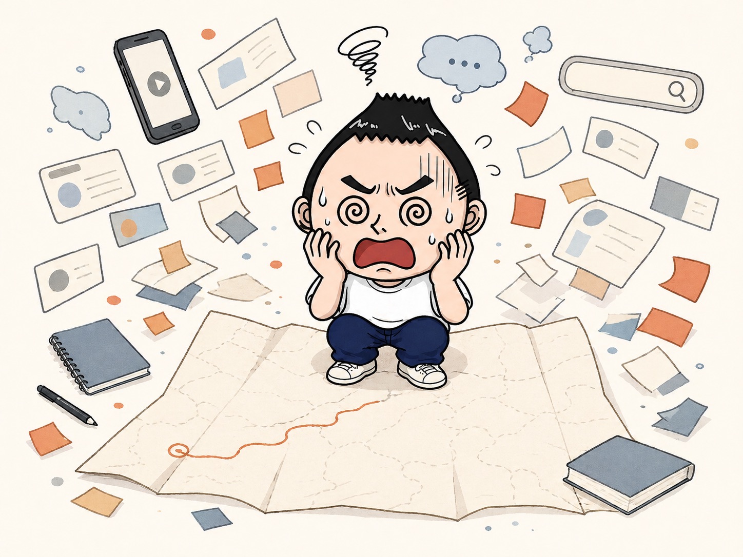 情報を集めすぎて迷っているむらやんのイラスト