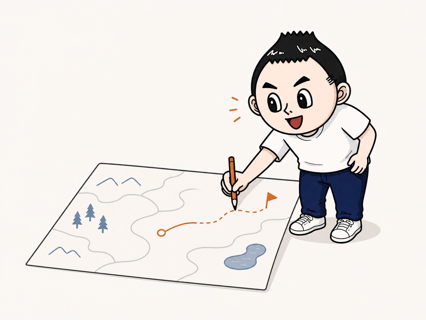 白紙の地図に最初の線を引くイラスト