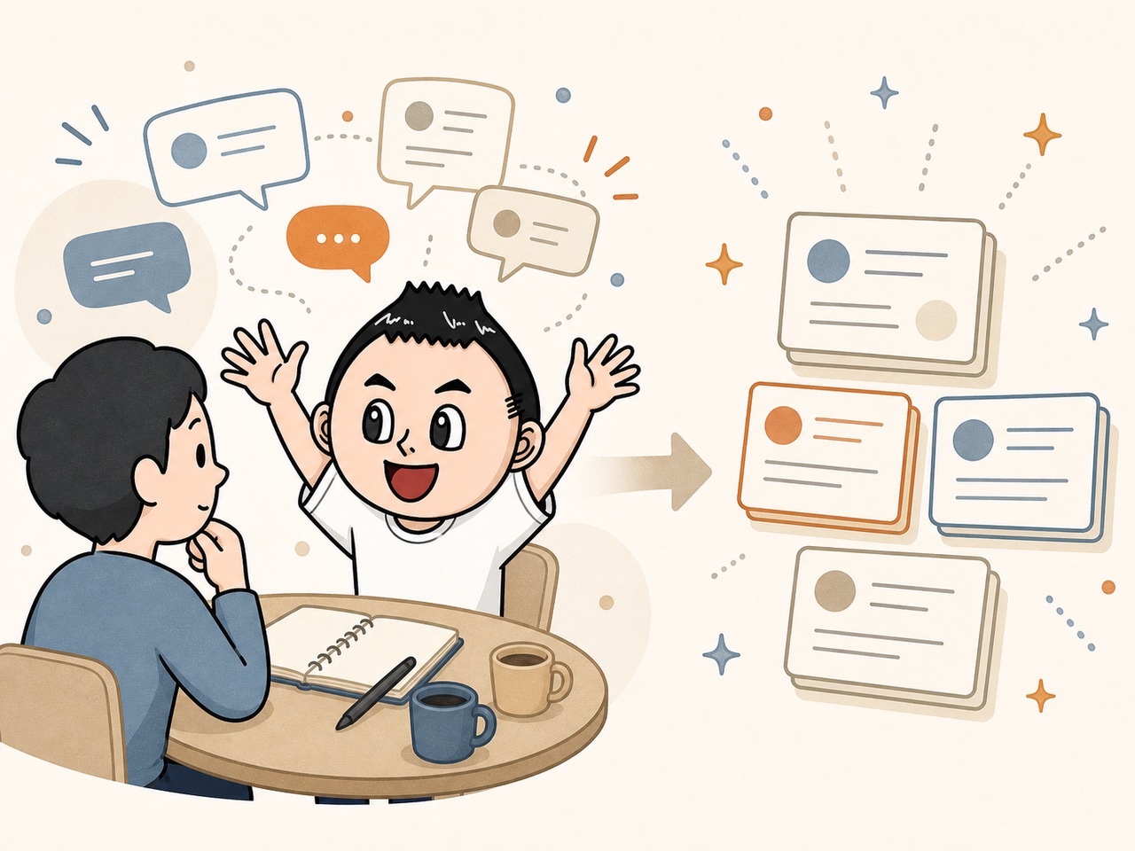 対話から発信の材料が生まれるイラスト