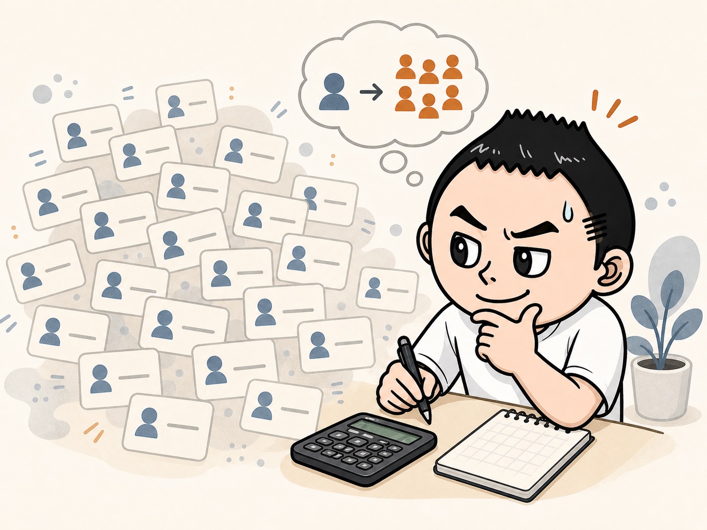 低単価の商品は人数が増えるイラスト