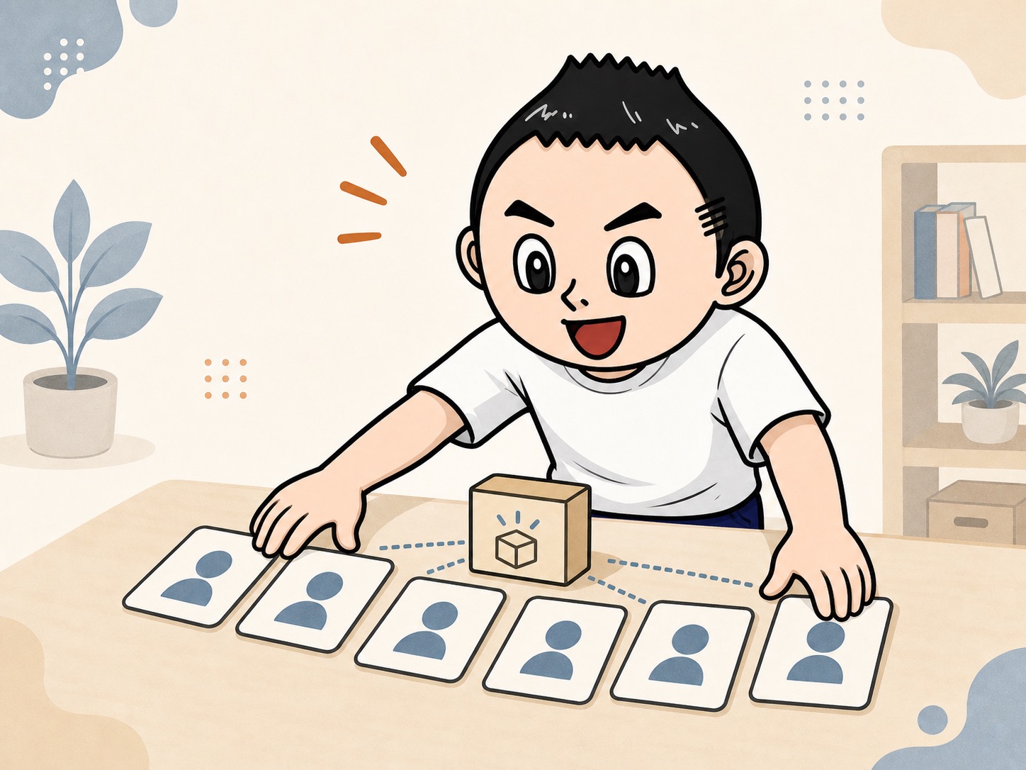 小さな商品を5人に届ける設計のイラスト