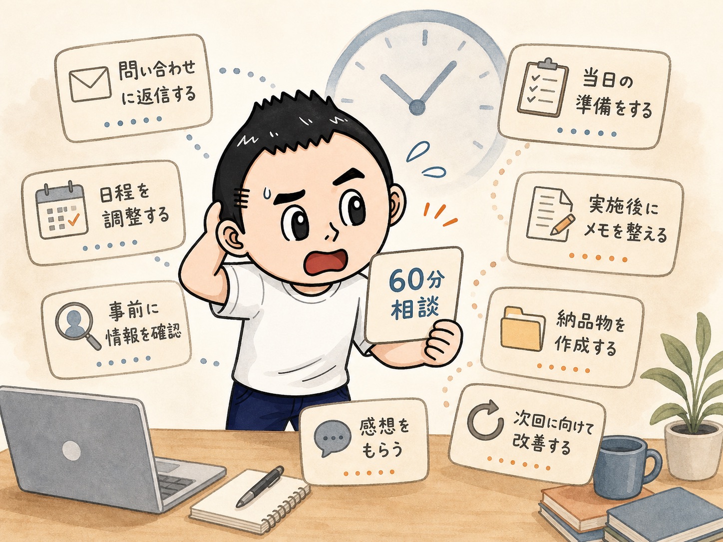 60分相談の周辺に準備や日程調整などの時間がある