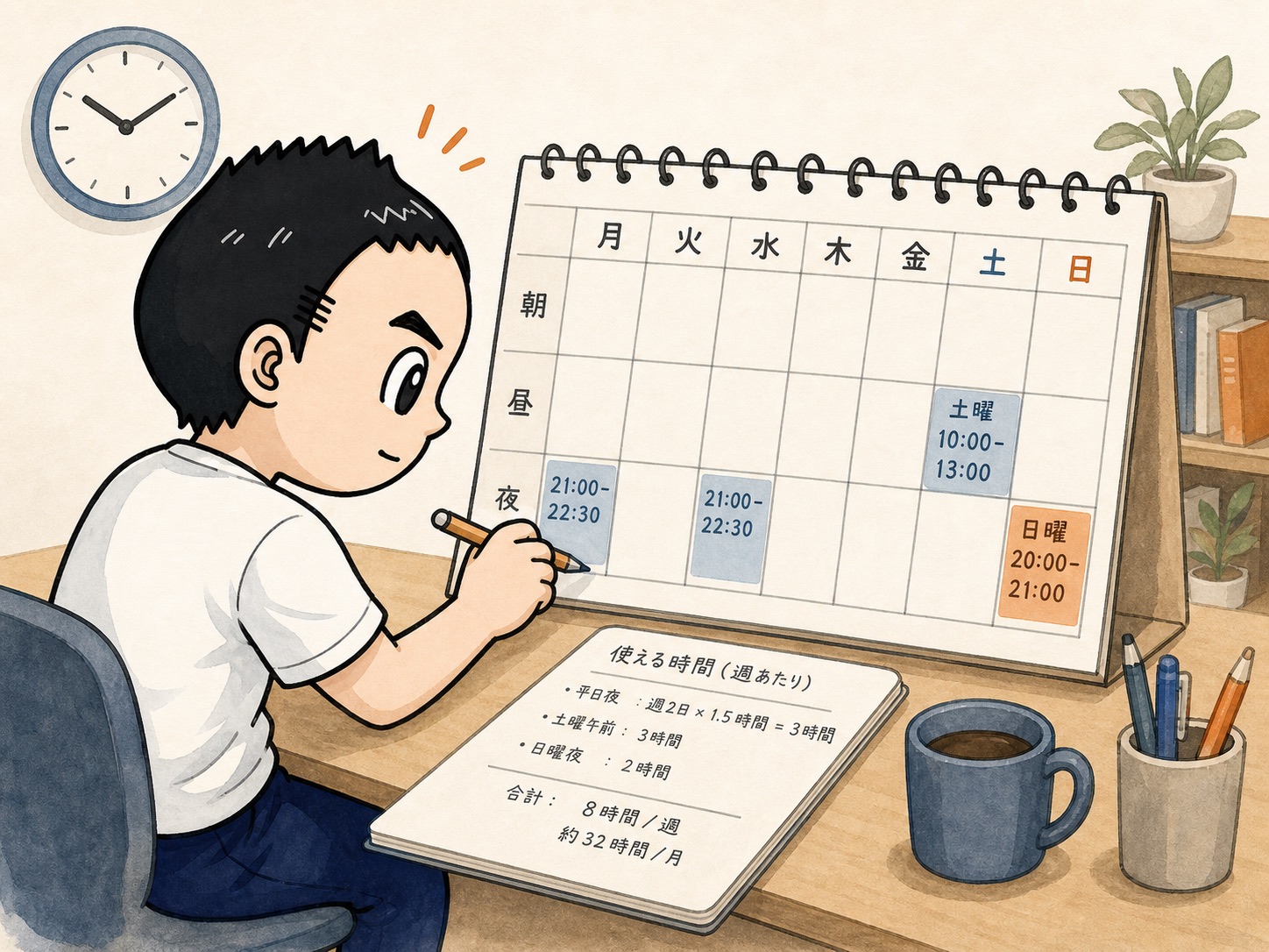 平日夜と土日に使える時間を予定表へ書き出す