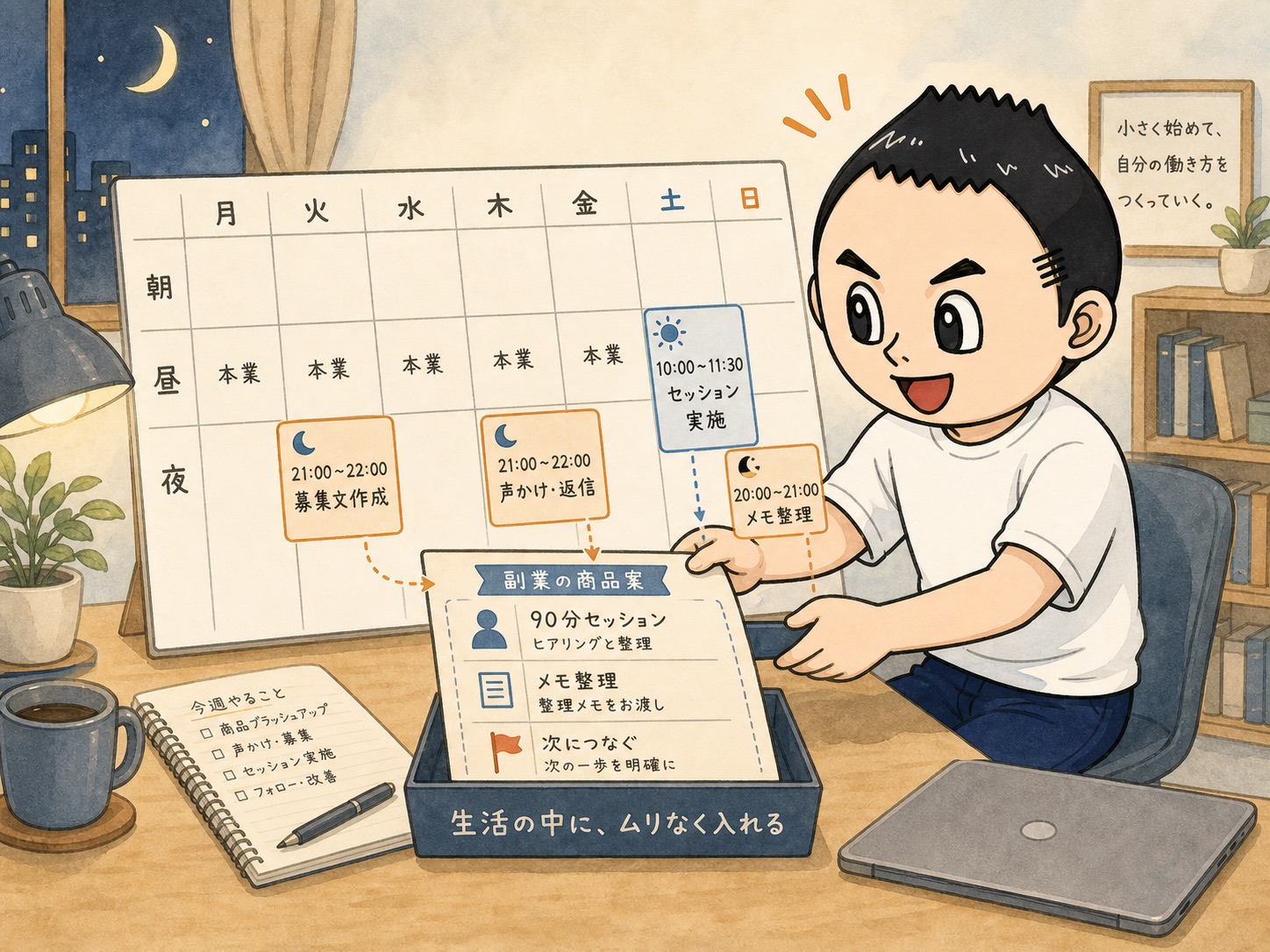 副業の商品案を平日夜と土日の予定に入れる