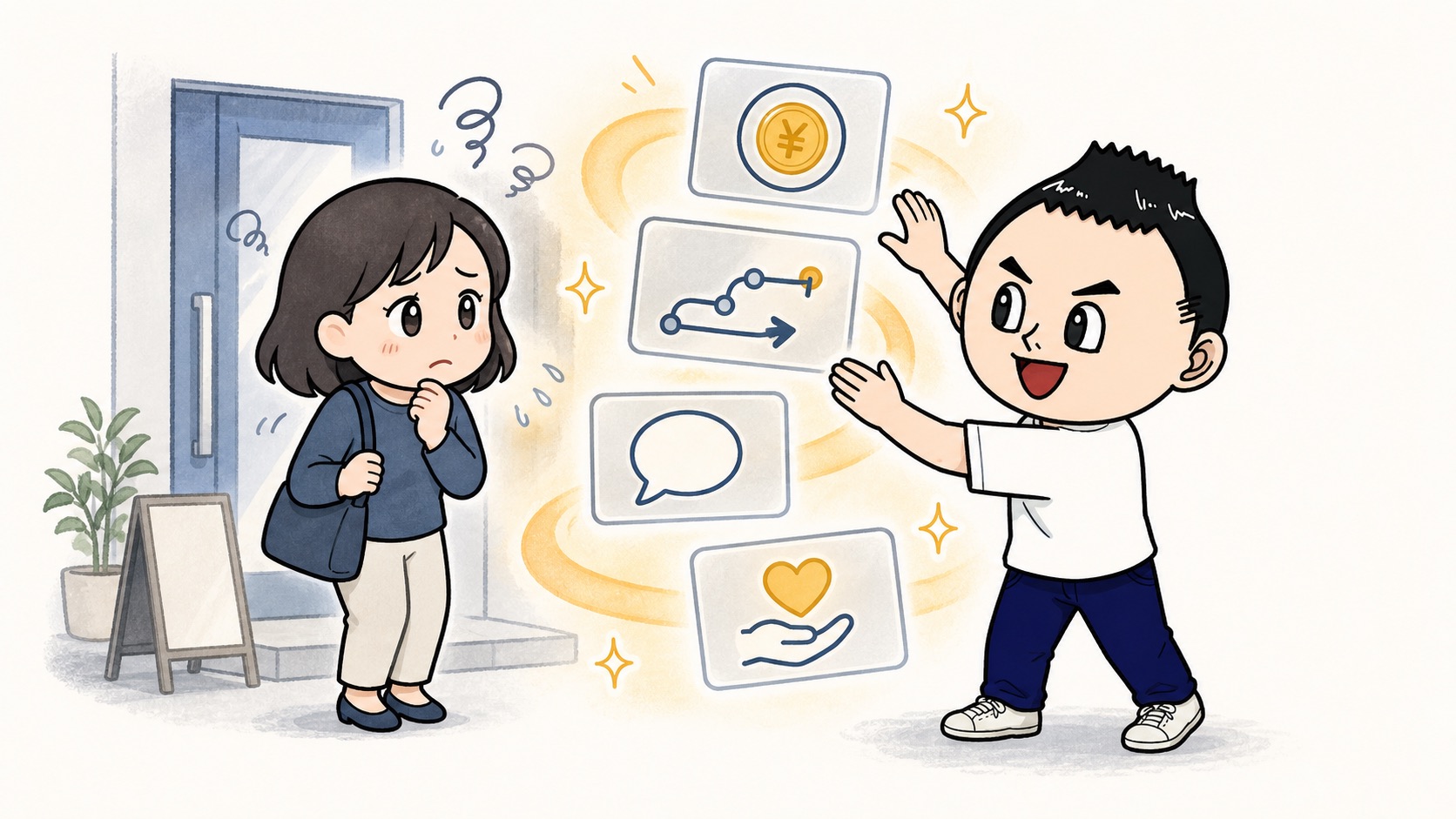 料金や相談の流れなどの安心材料で問い合わせ前の不安を減らすイラスト