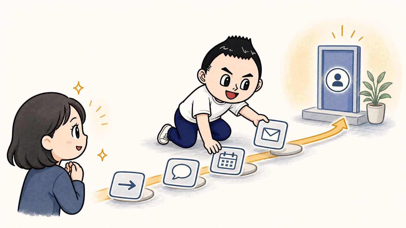 問い合わせまでの小さな次アクションをステップとして置くイラスト