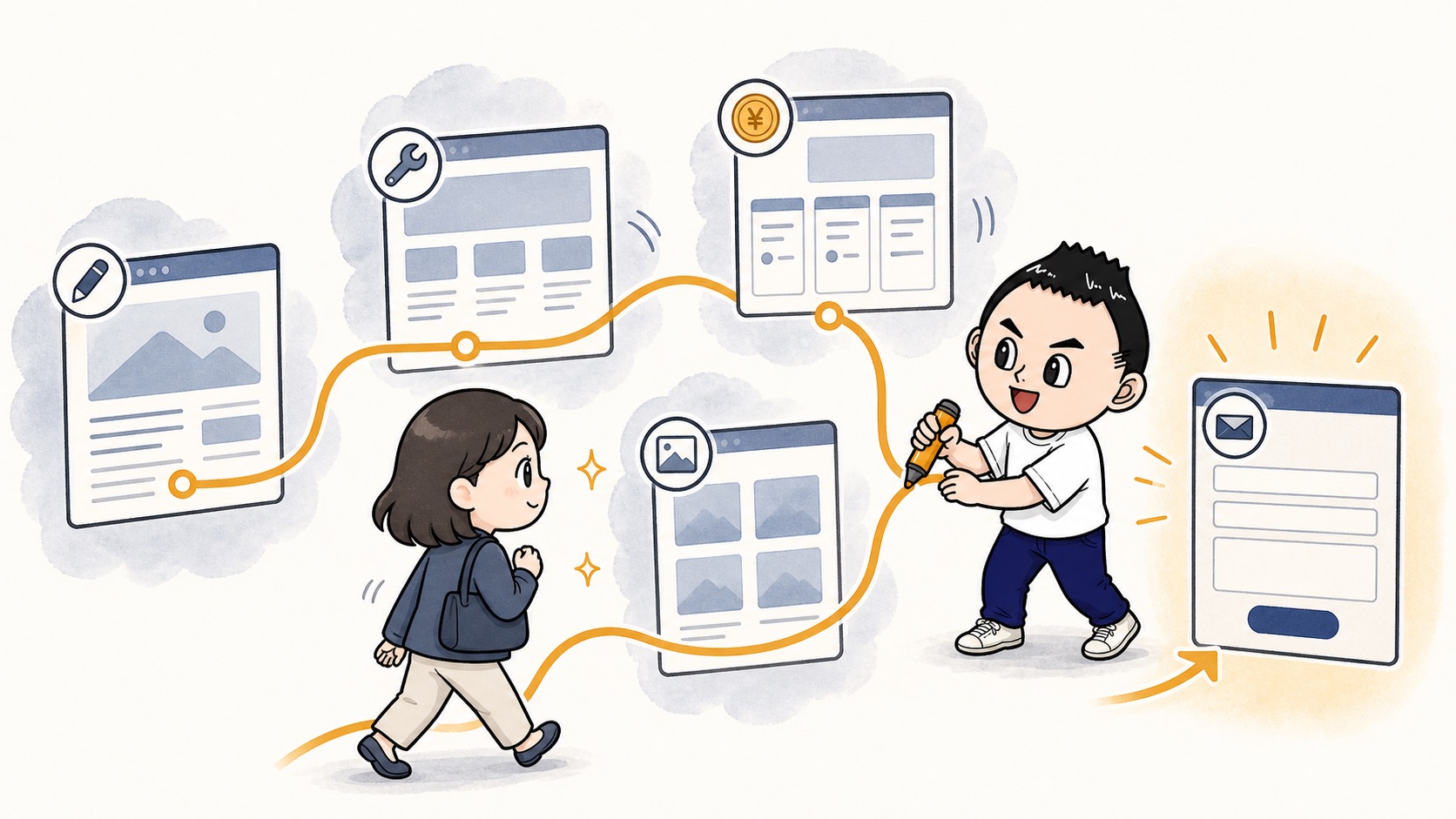 ブログやサービスページから問い合わせまでの導線を一本につなげるイラスト