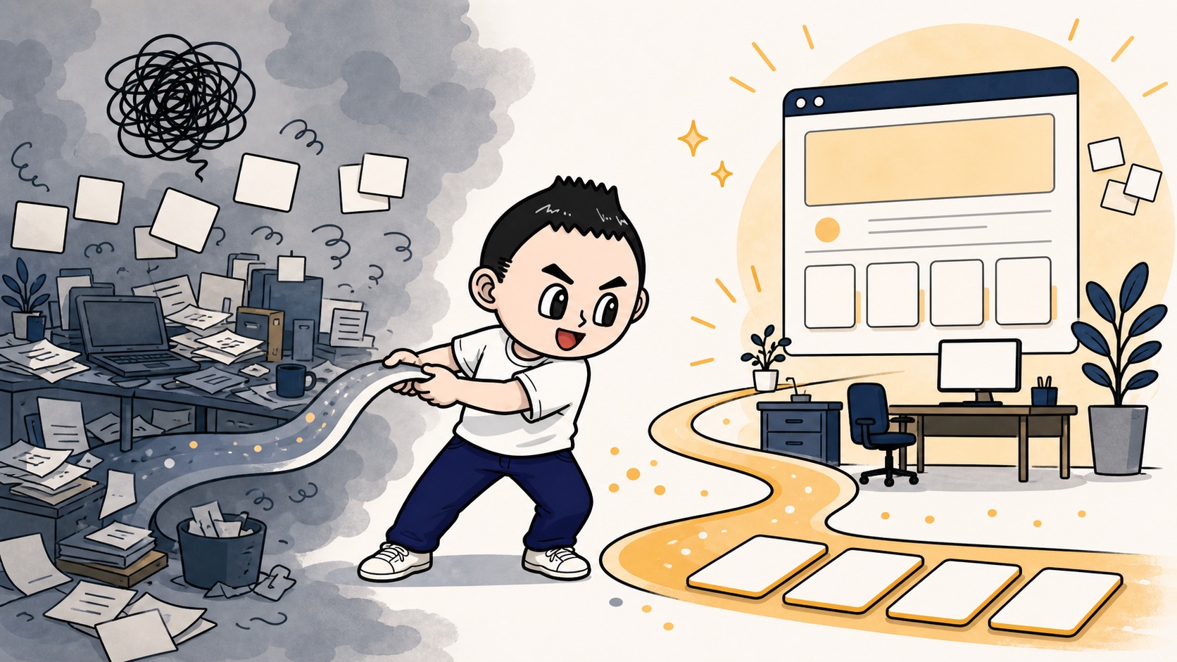 相談前のもやもやが相談後に整理された道へ変わるイラスト