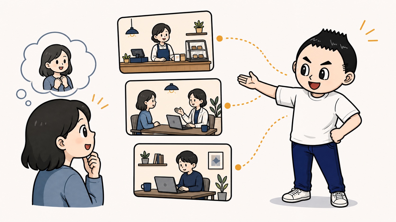 実績カードが読者の状況に近い事例として並ぶイラスト