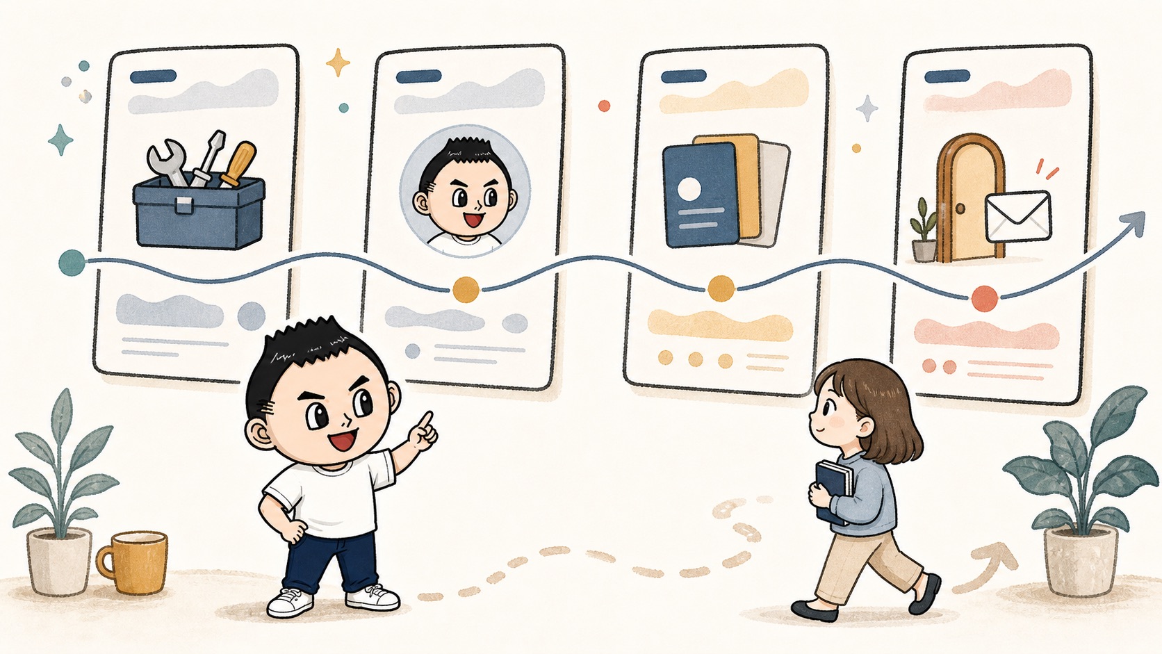 料金ページとサービスページとプロフィールが導線としてつながるイラスト