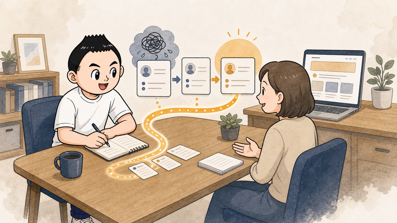 相談前の不安と相談後の安心が短いメモで整理されるイラスト