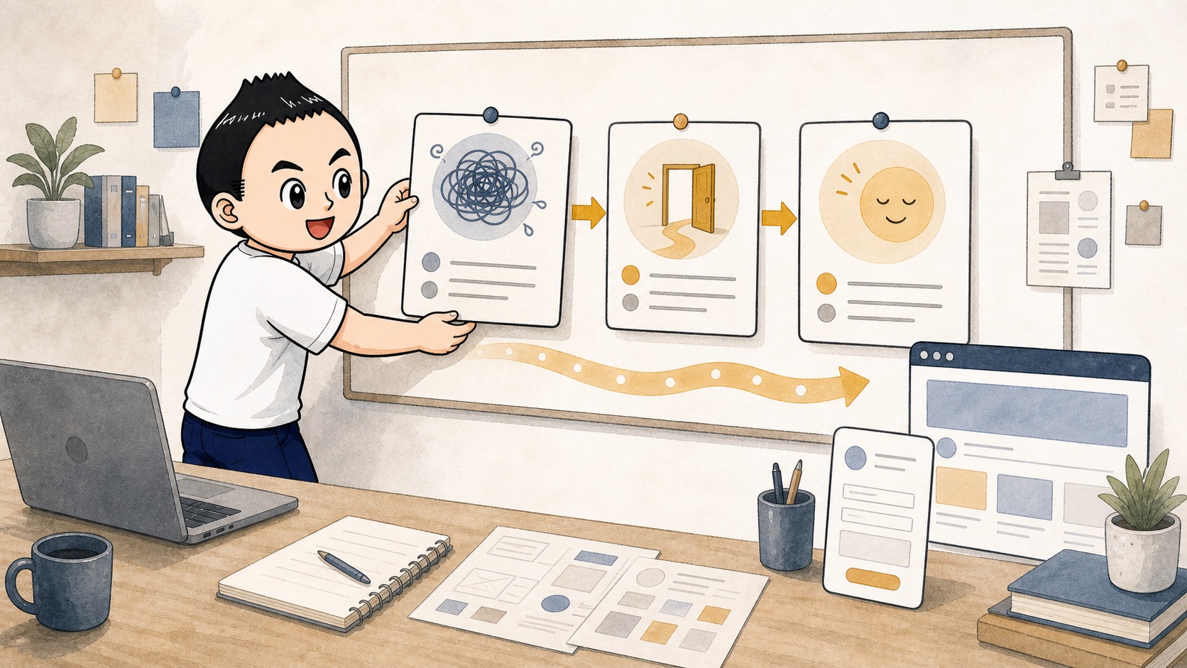 相談前と相談後と決め手が一枚のカードで流れになるイラスト