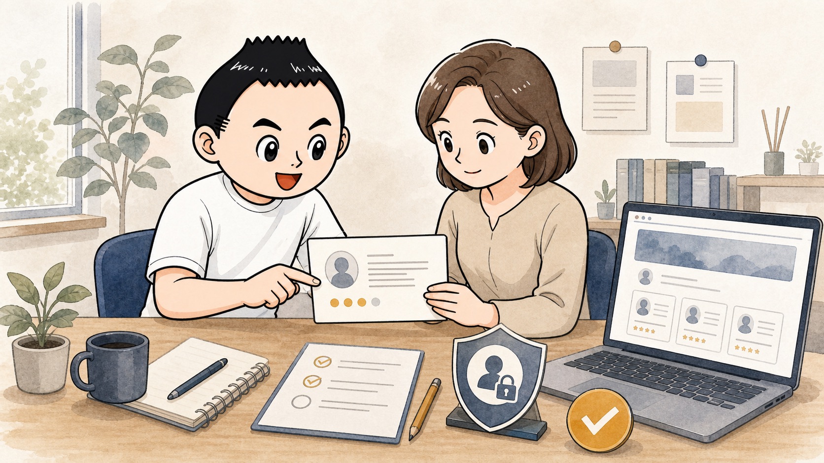 お客様の声の掲載前に許可確認と表現調整をしているイラスト