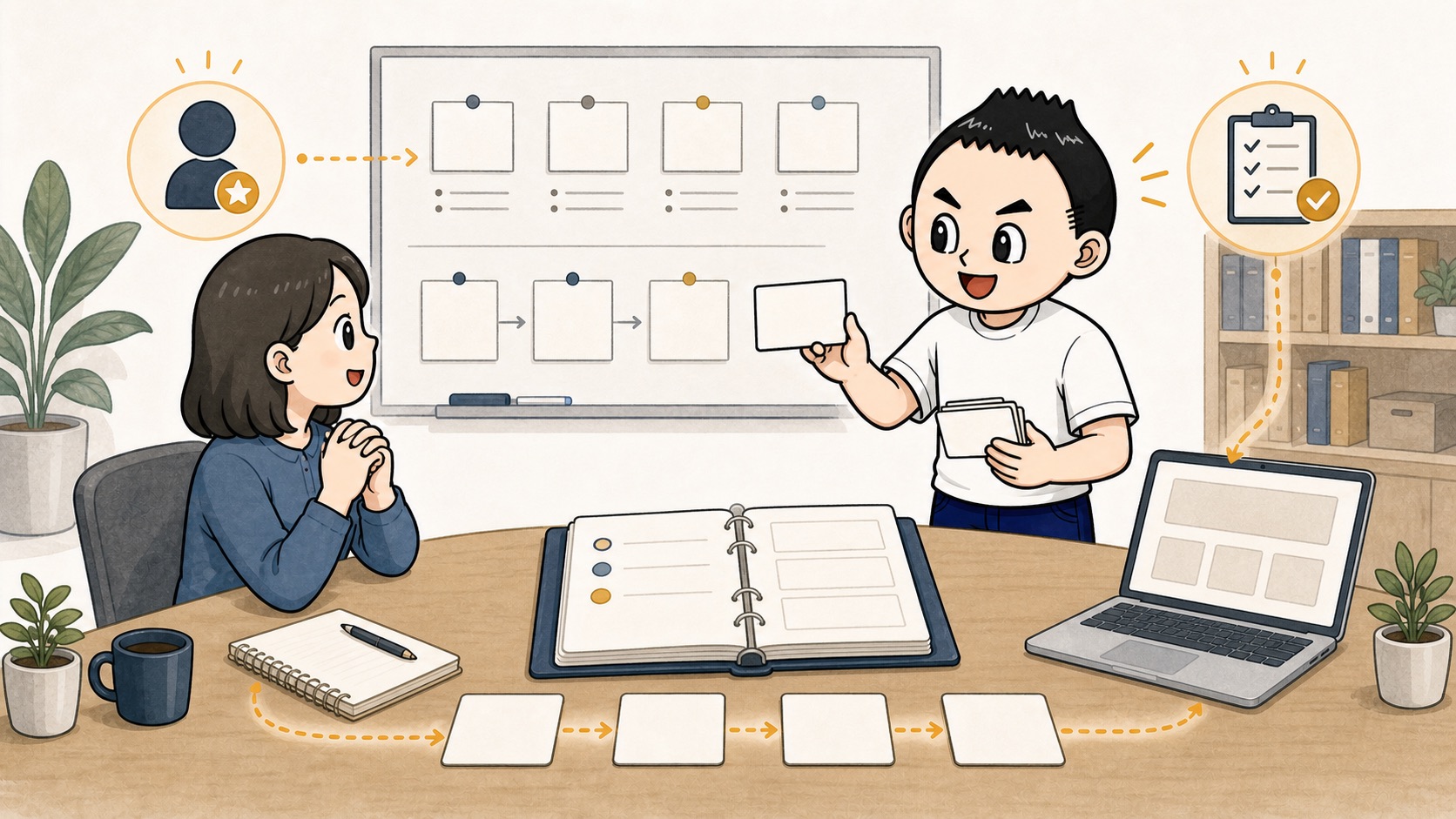 社内担当者がAIへの依頼文と確認方法を残していくイラスト