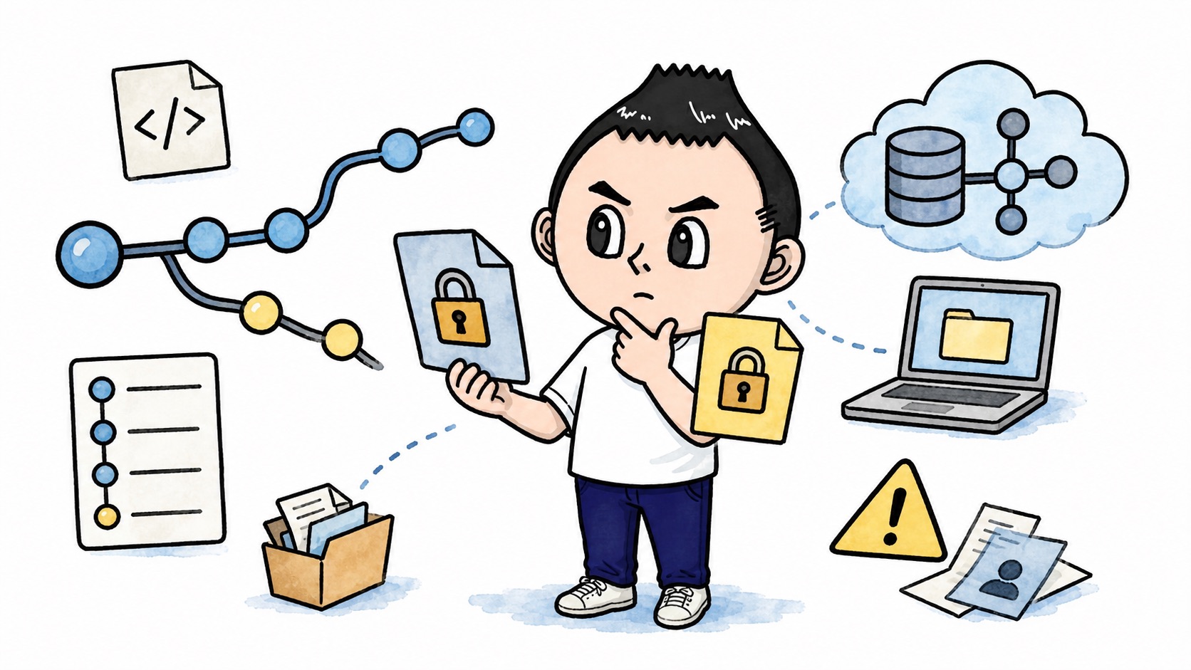 gitや公開リポジトリに秘密情報が混ざらないか確認するイラスト