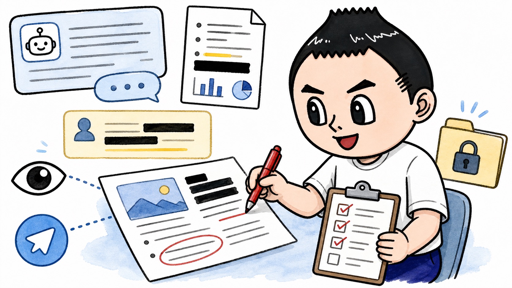 生成された文章や資料を公開前に確認するイラスト