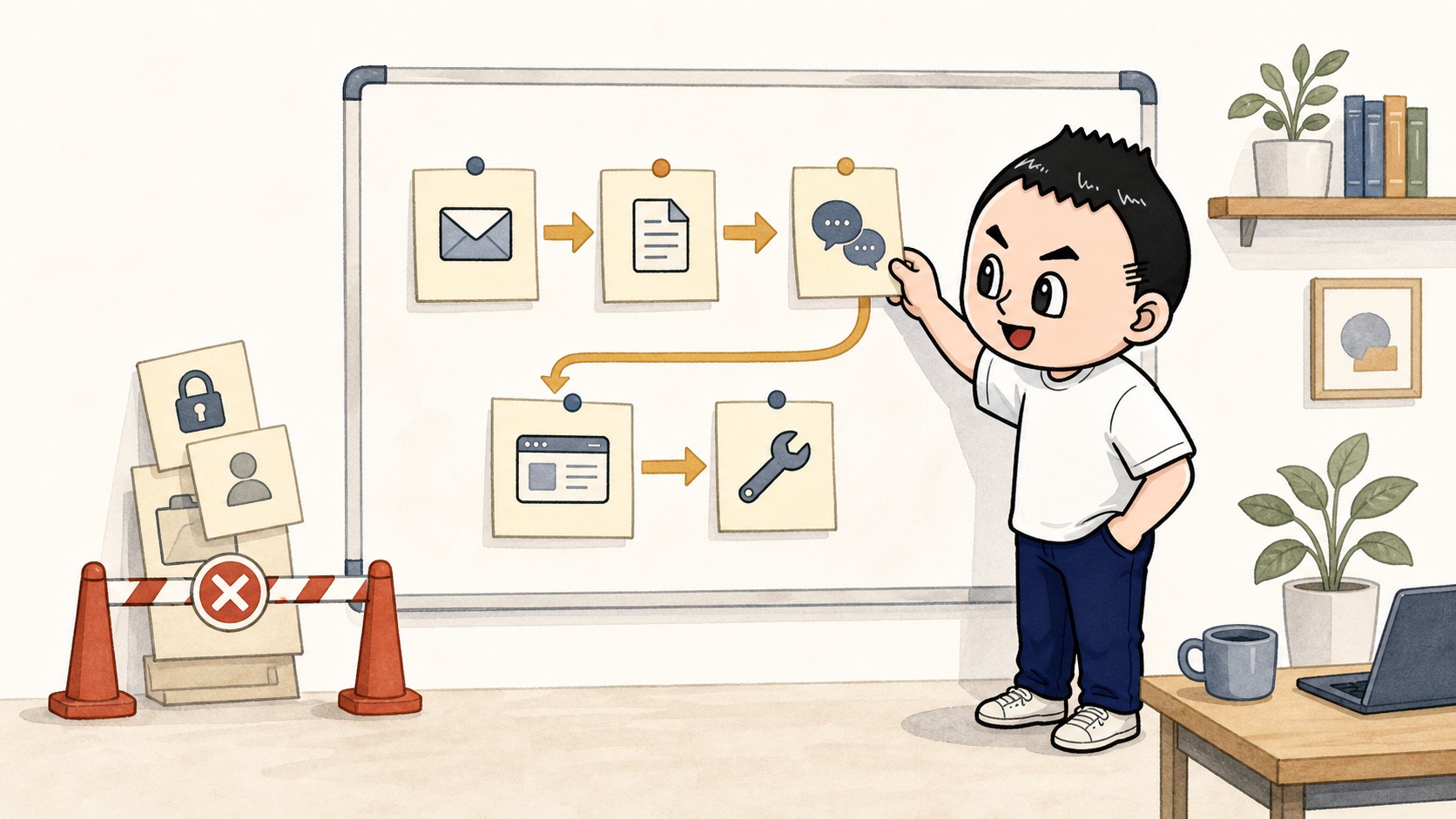 禁止事項だけでなく生成AIを使う業務場面から社内ルールを決めるイラスト