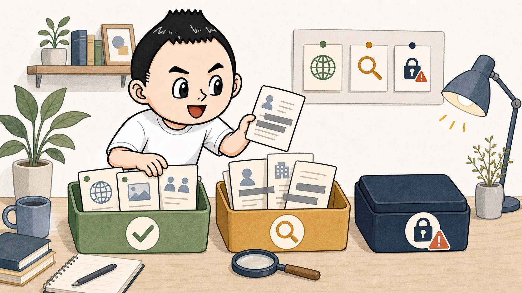 生成AIに入力する情報を入れていい情報、確認して入れる情報、入れない情報に分けるイラスト