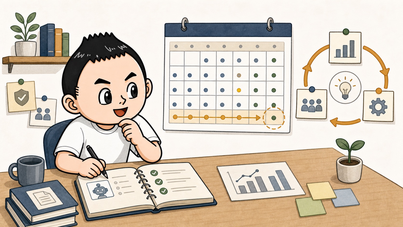 生成AIの社内ルールを30日間の試運用ログで見直すイラスト