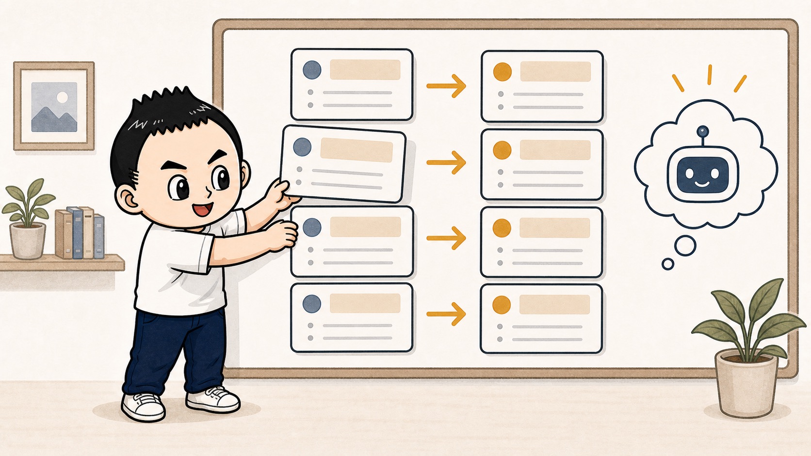 社内メモの型を決めてAIへの依頼文を安定させるイラスト