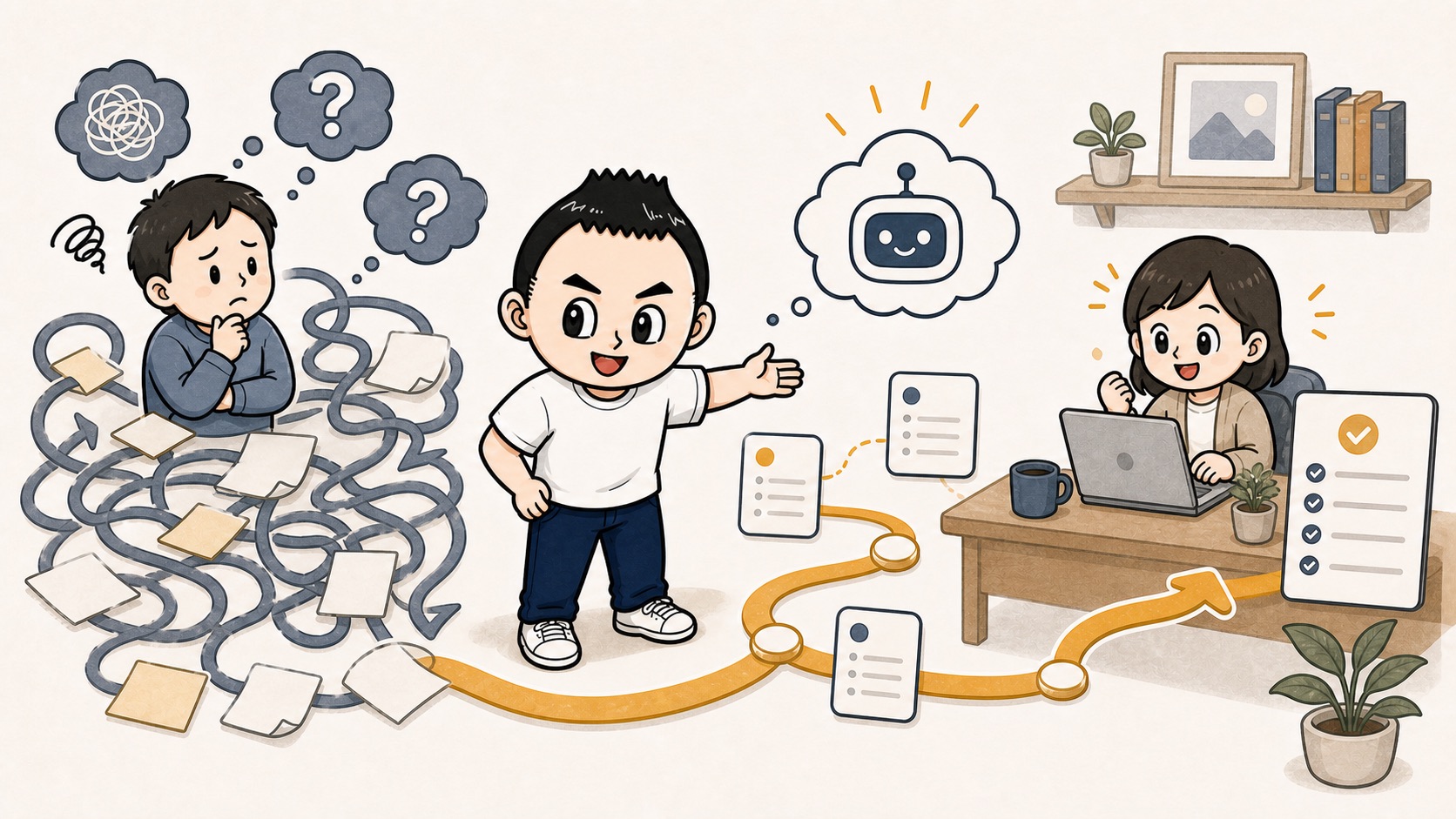 生成AIの業務自動化で人を減らすのではなく迷う時間を減らすイラスト