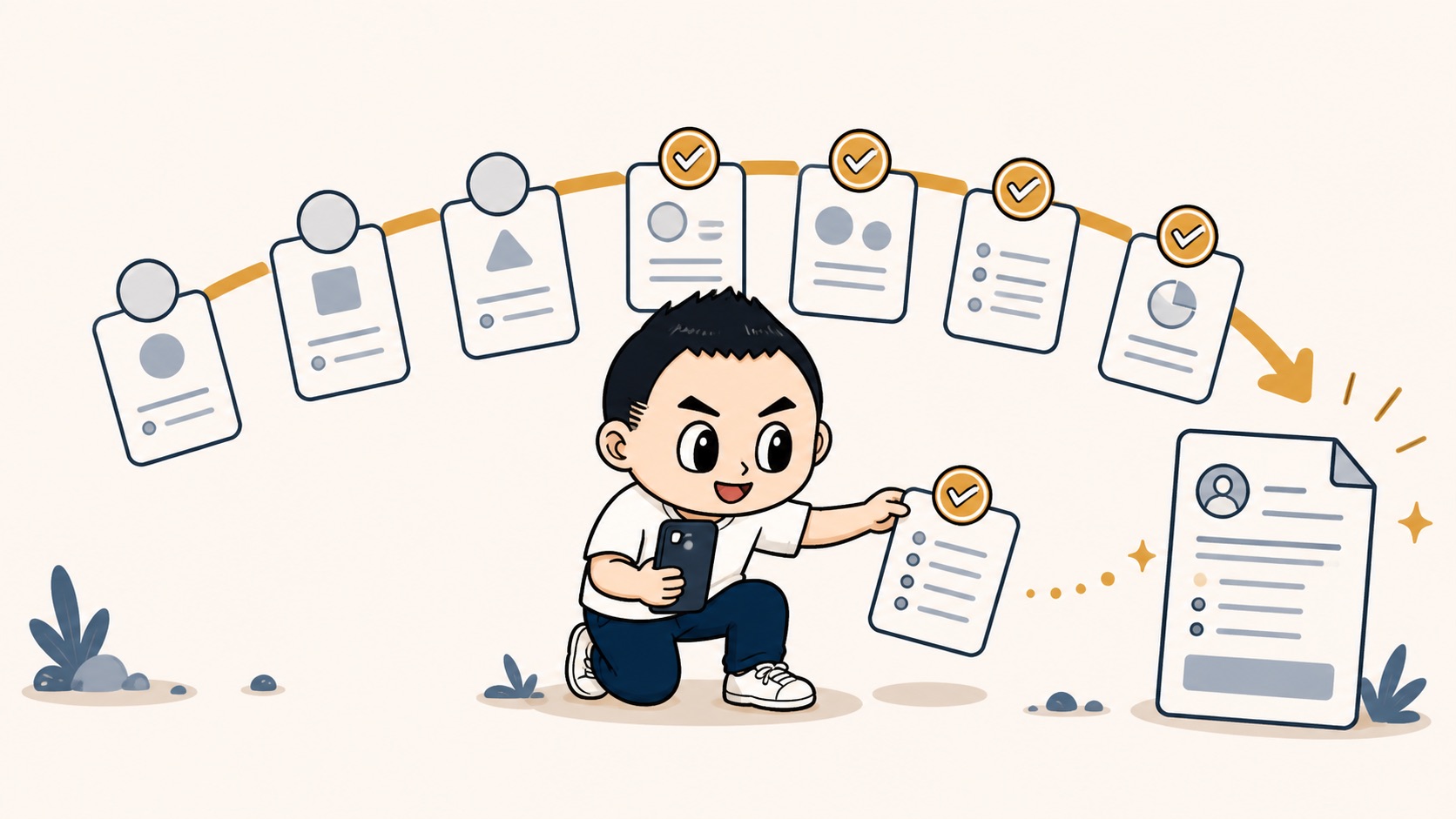 7日間のワークカードが進み最後に事業整理ドキュメントへつながるイラスト
