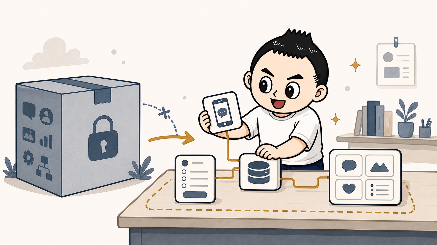 有料ツールの箱ではなく自社用の小さなLINE運用基盤を組み立てるイラスト
