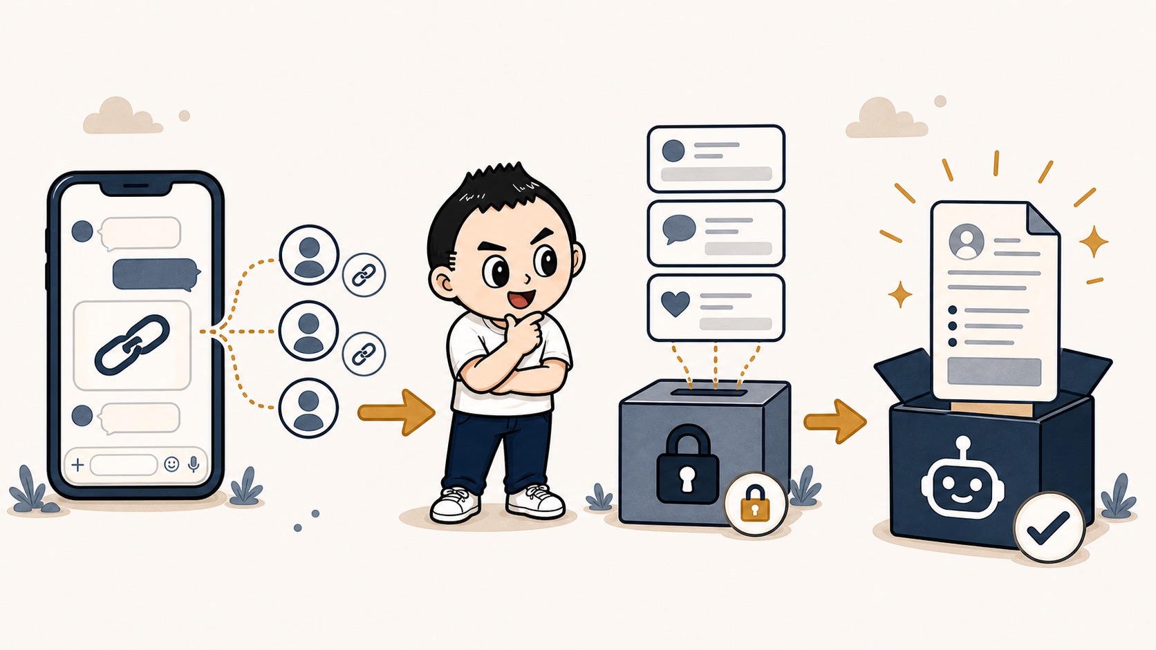 個別URLから回答保存を経て最後だけAI整理を行う流れのイラスト