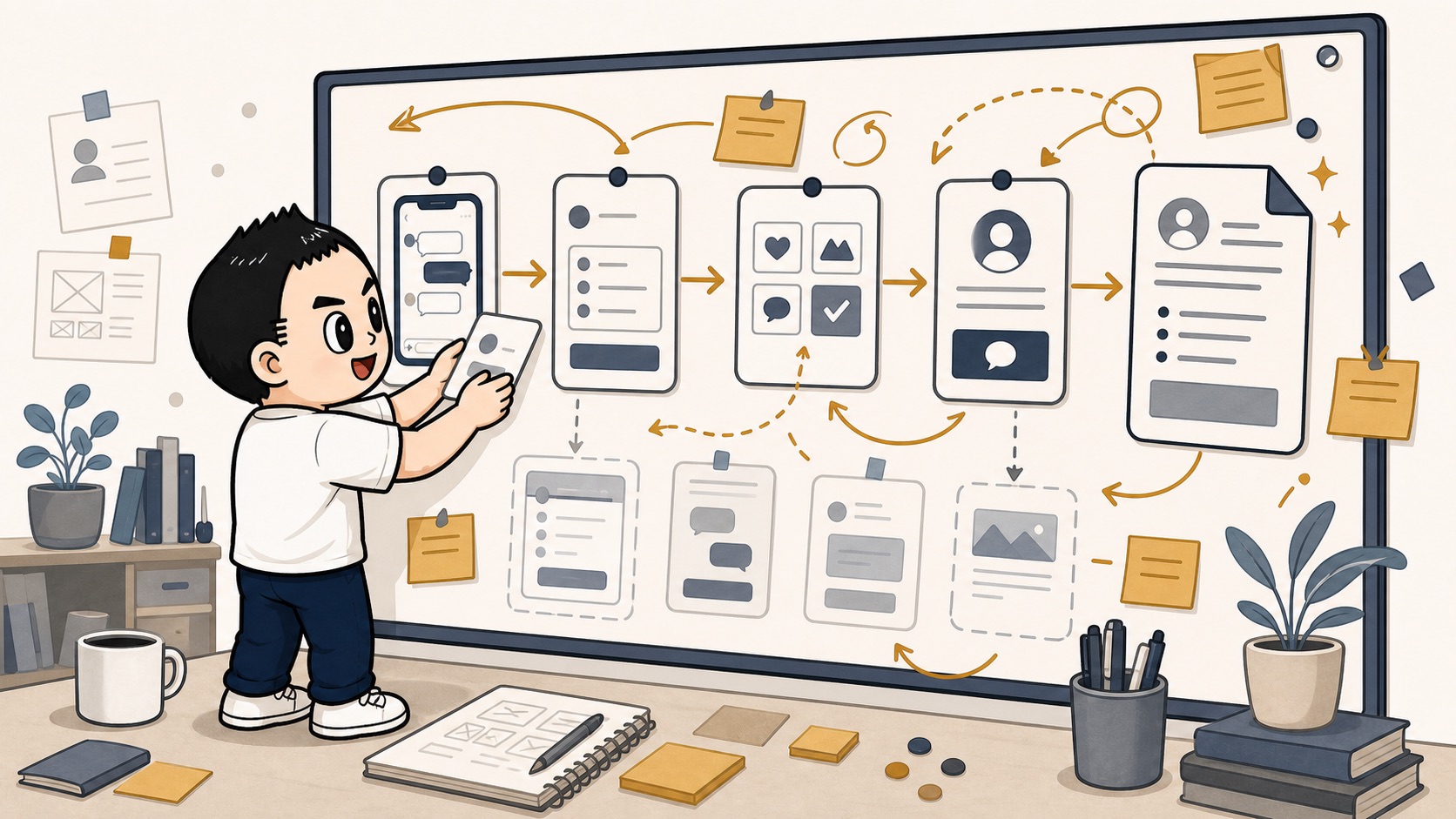 自社のLINE導線をボード上で何度も組み替えて改善するイラスト