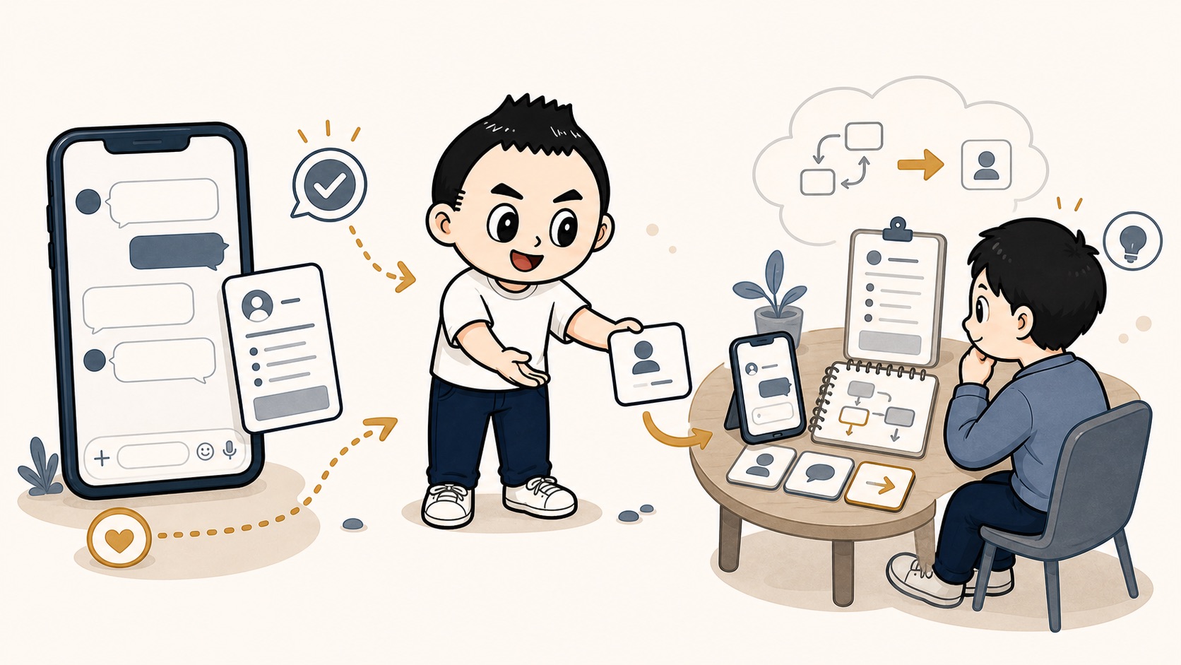 公式LINEでワークを体験し自社版の導線を相談するイラスト