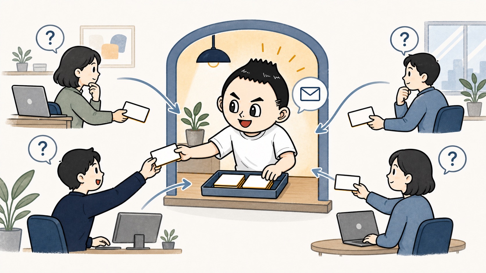 AI担当者が社内の相談カードを集めて小さな窓口として整理するイラスト