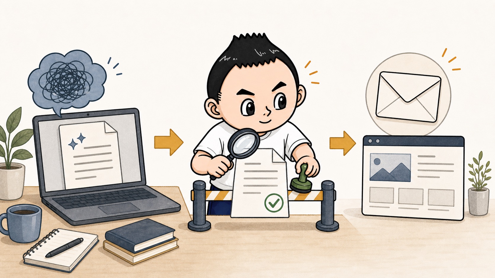 AIが作った出力を人が承認してから外へ出すイラスト