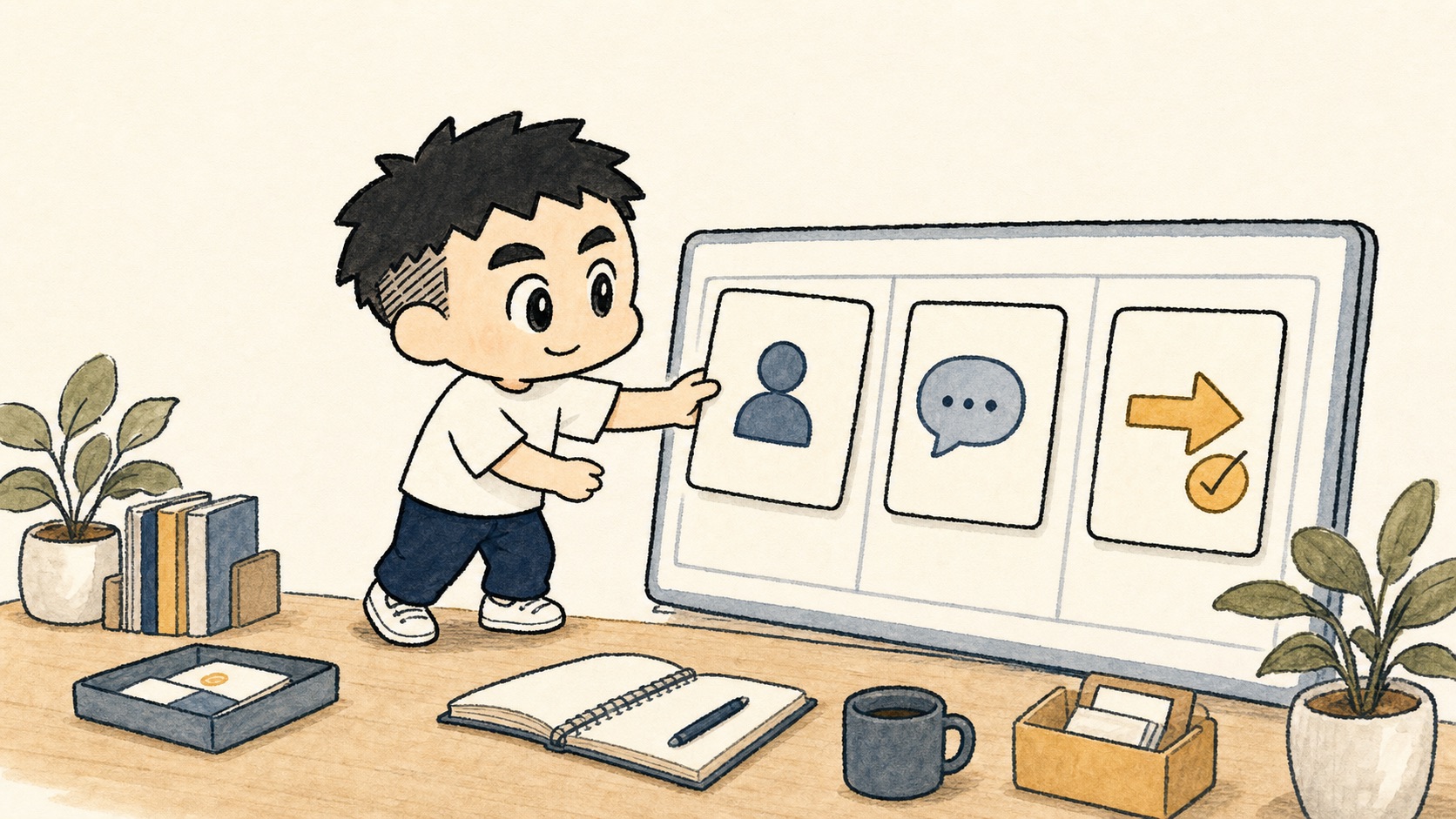 問い合わせ後に誰から何に困って次に何をするかをCRMに整理するイラスト