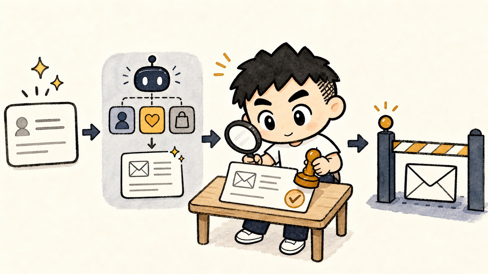 AIが問い合わせを分類し返信下書きまで作り担当者が確認するイラスト