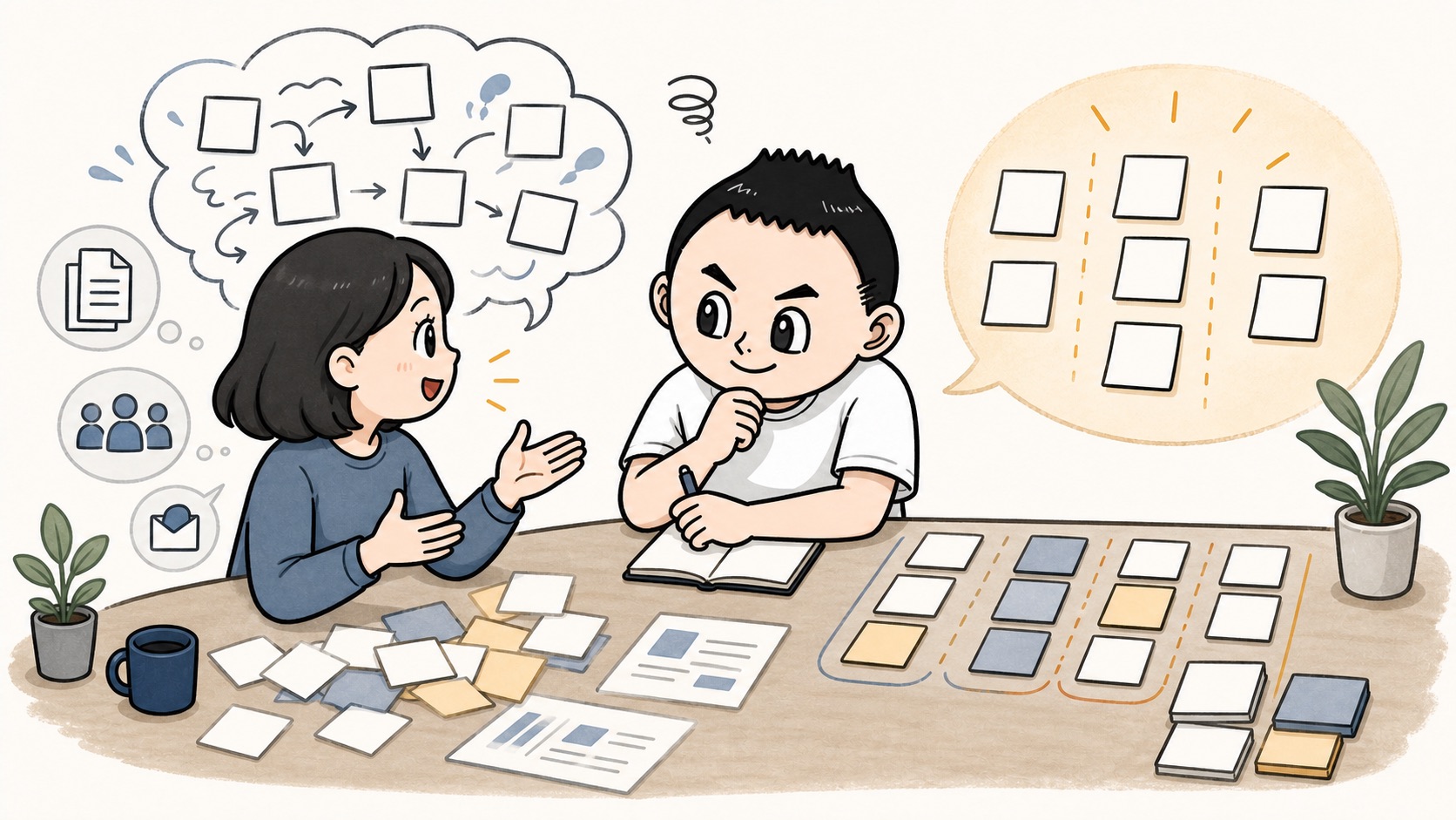 AIとの壁打ちで問いを出しながら本人が納得を決めるイラスト
