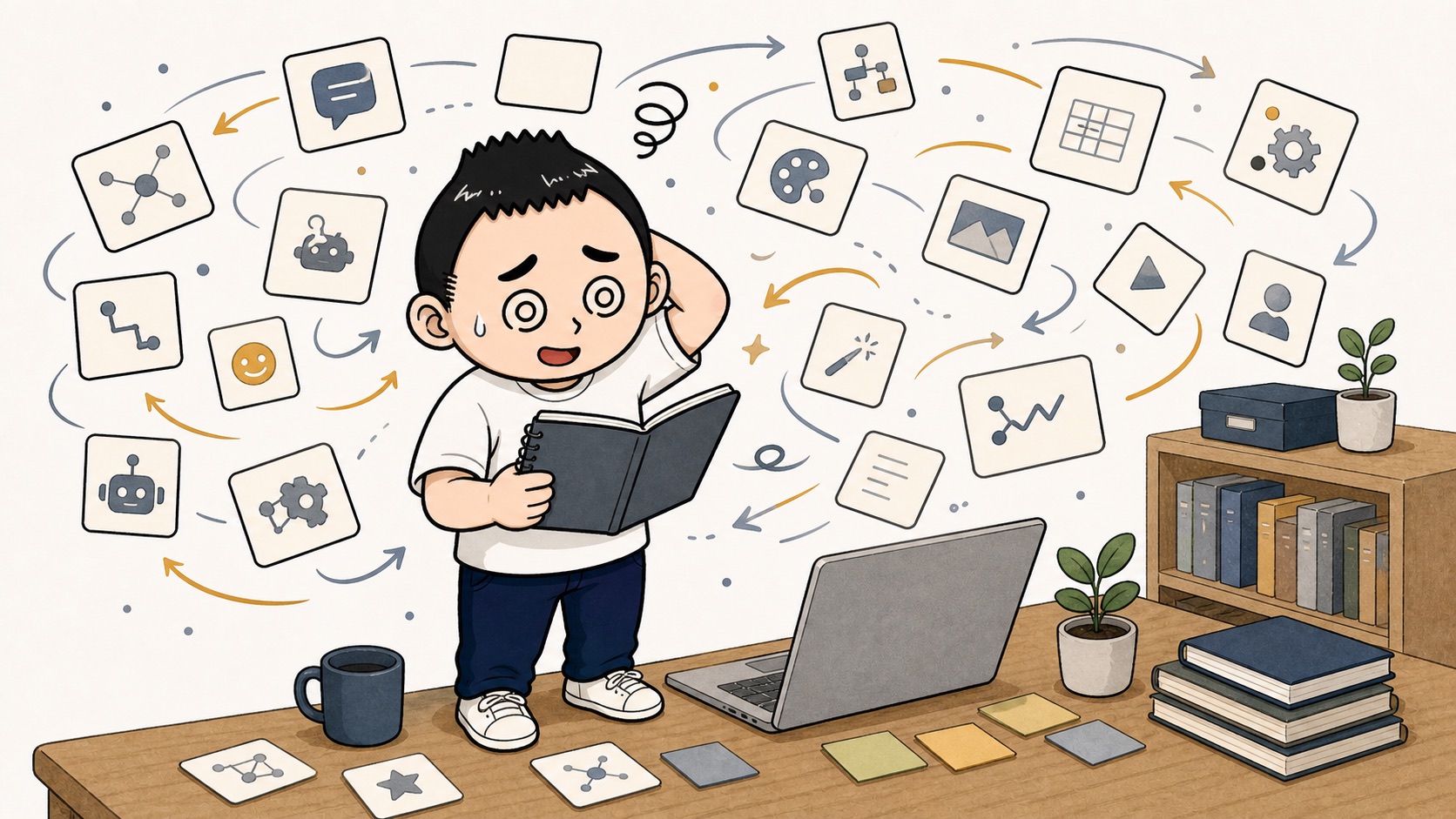 AI時代の学び直しでツール情報を追いすぎて疲れるイラスト