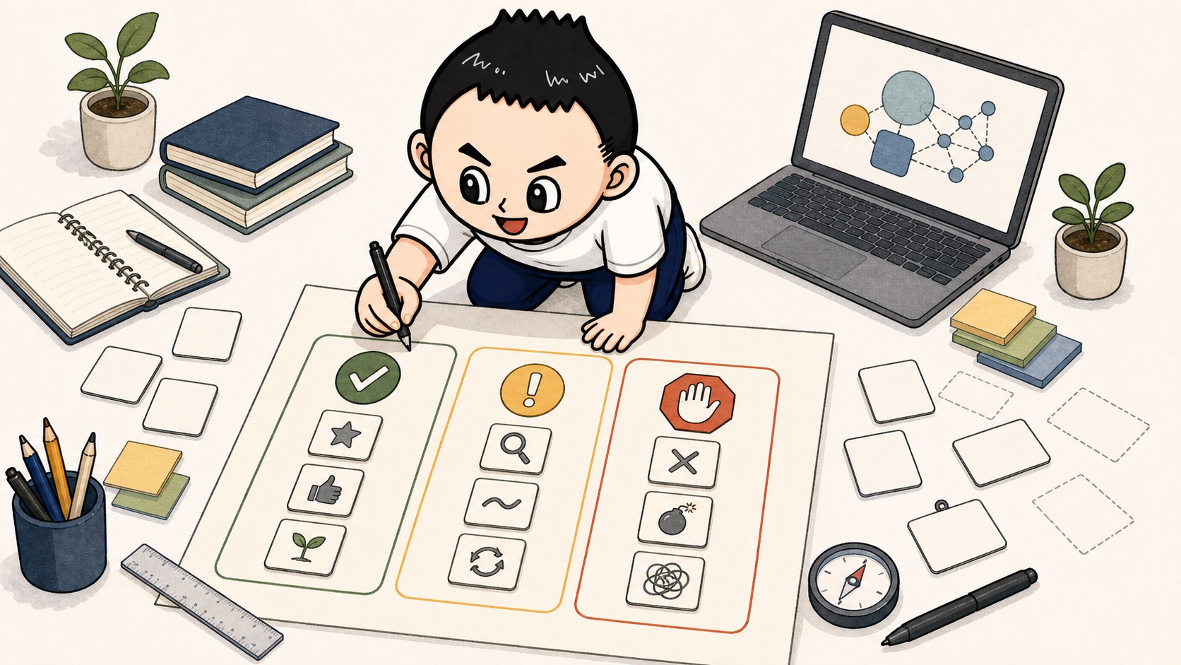 AI時代の学び直しで使い方より判断基準を先に作るイラスト