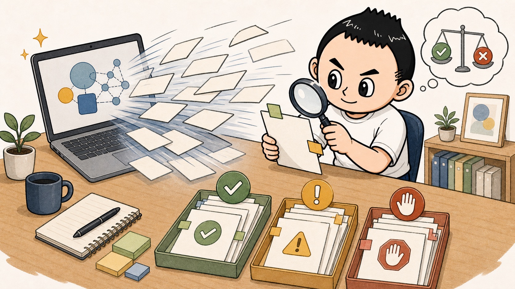 AIの出力を人が確認して使えるか判断するイラスト