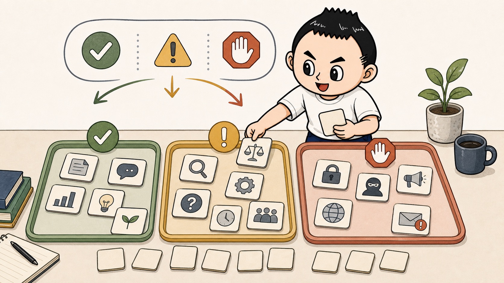 AI活用の判断基準を良い危ないやめるに分けるイラスト
