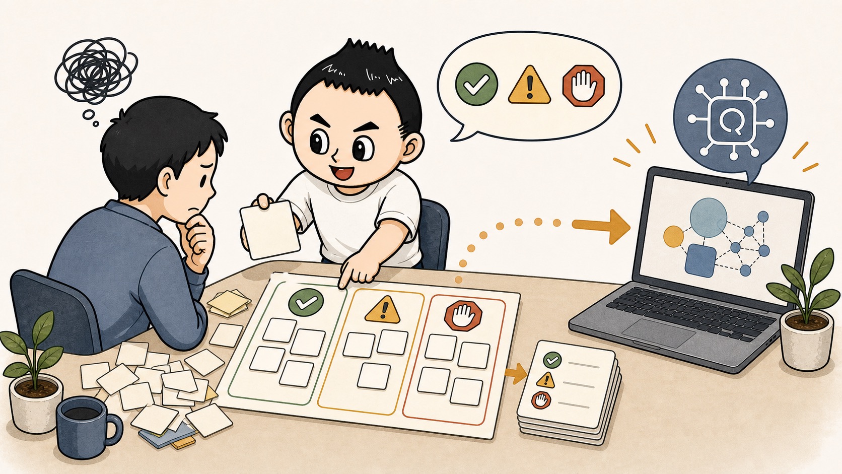 AIに渡せる判断軸を人が確認して実装へつなげるイラスト