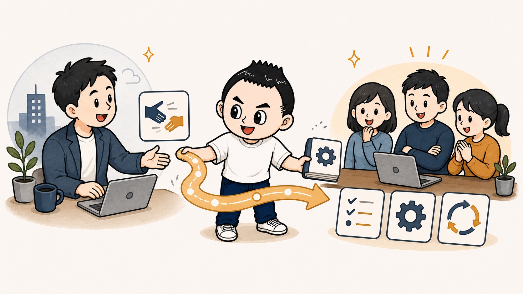 外注先と一緒に社内運用へ引き継ぐロードマップのイラスト