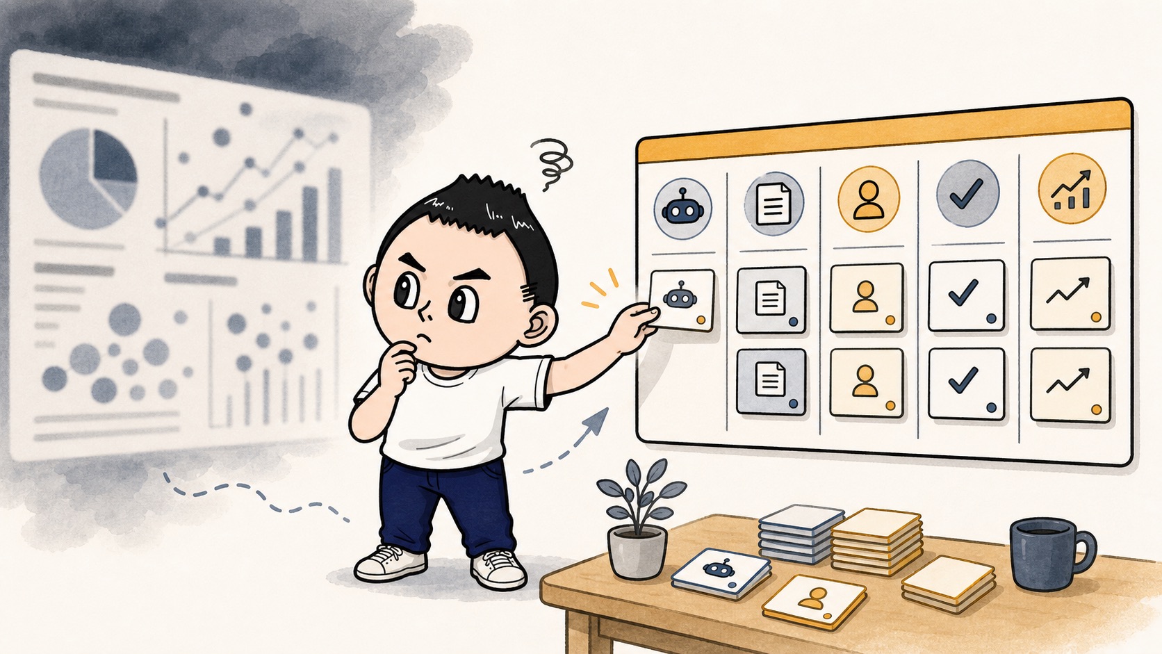 AI活用の効果測定で大きな成果だけを見ず小さな運用ログに戻るイラスト