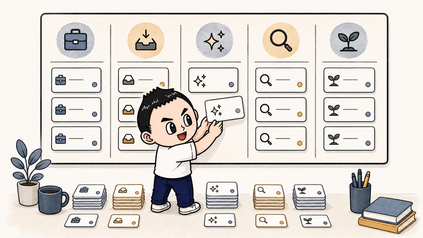 AI活用の運用ログに業務入力出力確認結果をカードで整理するイラスト